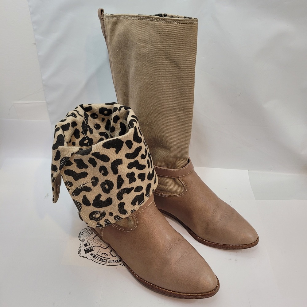 Esprit Tall Canvas Leather Boots Women 10B Tan Leopard Print Fold Over 4393